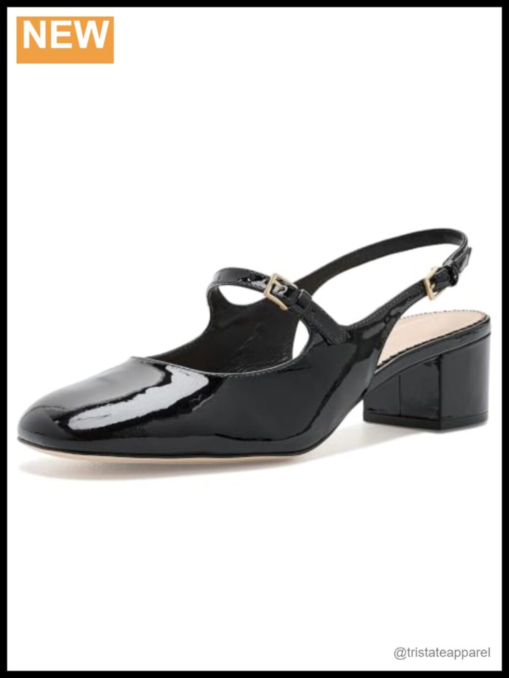 Patent Leather Slingback Block Heels with Buckle Closure and Padded Insole